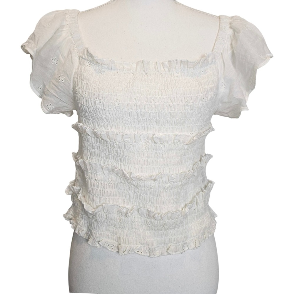 Audrey Lane Cottage‎ Peasant White Smocked Ruffle Flutter Sleeve Top Size XL
